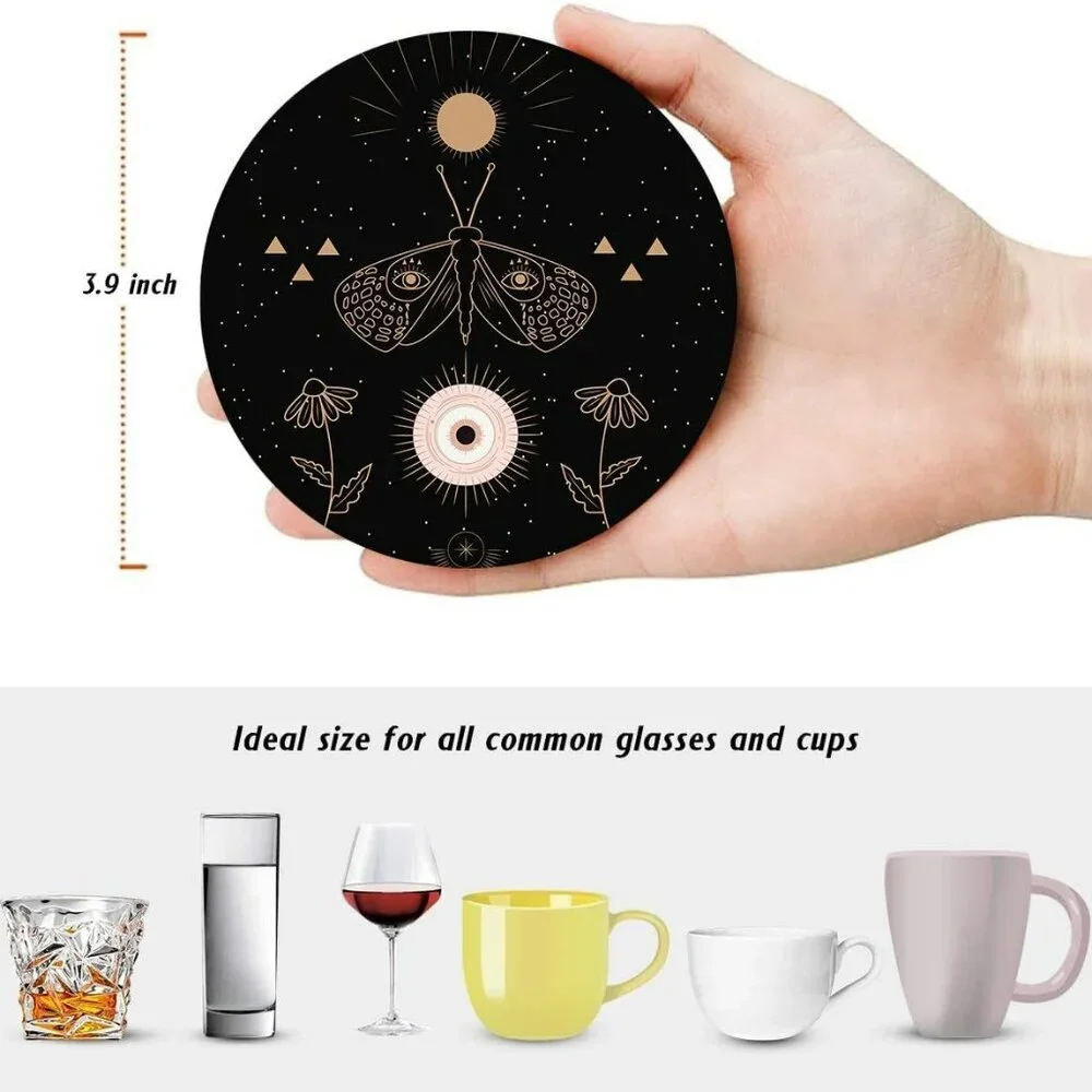 Table Coaster for Drinks Set of 6, Cute Black Mystical Skulls Animals Magic Coff